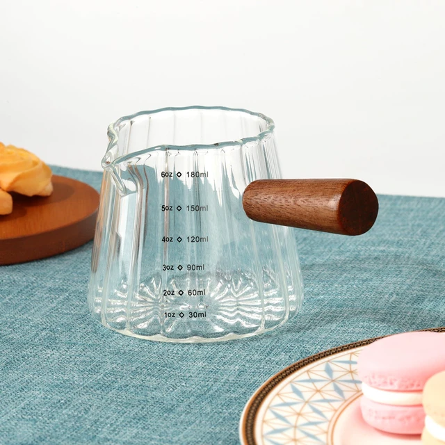 Alt view image 5 of 7 - 6 oz Glass Measuring Cups with Spout,Borosilicate Glass Triple Pitcher with Scale,Origami Style Espresso Shot Glasses with Wood Handle for Coffee Milk,Dishwasher Safe