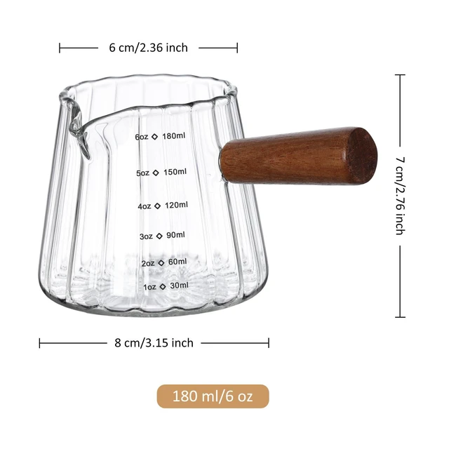 Alt view image 6 of 7 - 6 oz Glass Measuring Cups with Spout,Borosilicate Glass Triple Pitcher with Scale,Origami Style Espresso Shot Glasses with Wood Handle for Coffee Milk,Dishwasher Safe