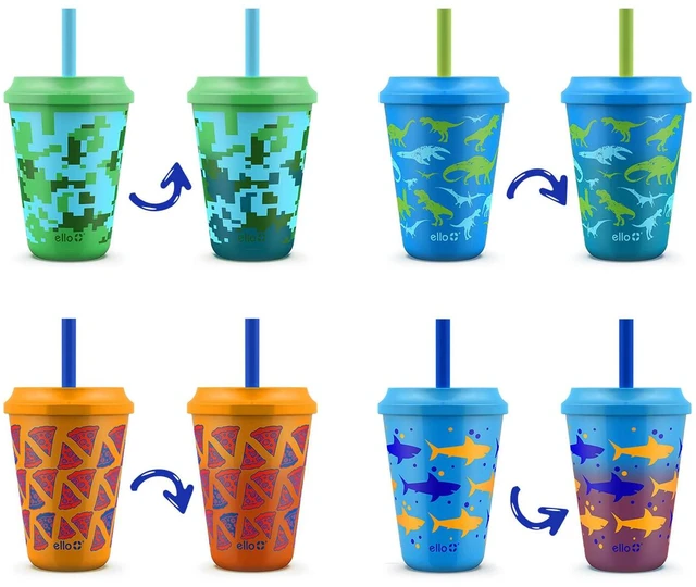 Main image of Kids Plastic Reusable Color Changing Cups with Twist on Splash-Proof Lids and Straw, BPA Free, Dishwasher Safe, 12oz, Rainforest, 4 Pack