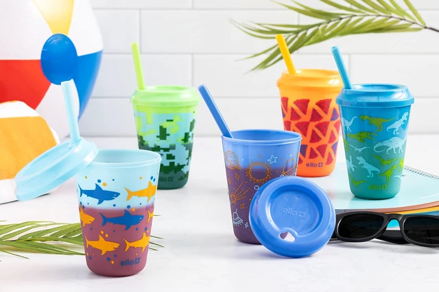 Alt view image 2 of 6 - Kids Plastic Reusable Color Changing Cups with Twist on Splash-Proof Lids and Straw, BPA Free, Dishwasher Safe, 12oz, Rainforest, 4 Pack