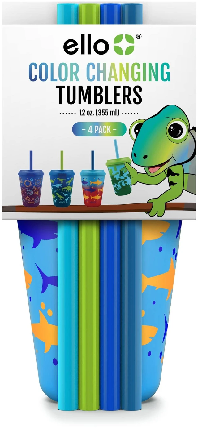 Alt view image 6 of 6 - Kids Plastic Reusable Color Changing Cups with Twist on Splash-Proof Lids and Straw, BPA Free, Dishwasher Safe, 12oz, Rainforest, 4 Pack