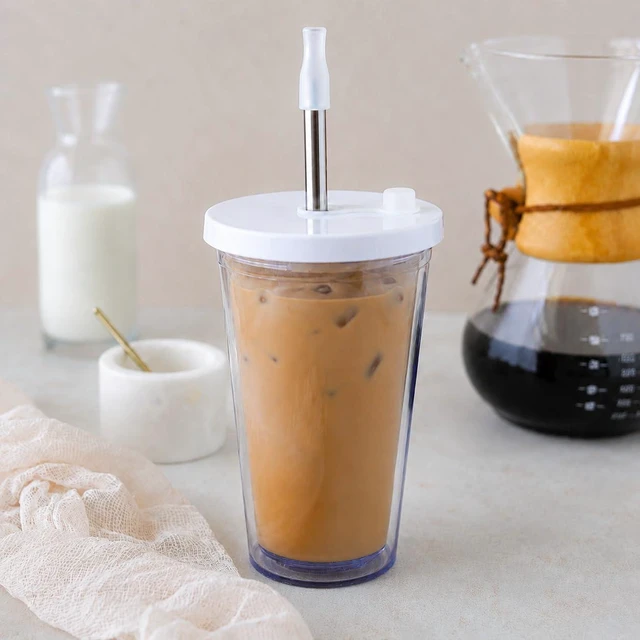 Alt view image 3 of 6 - Reusable Iced Coffee Cup 16 Oz, Leakproof Iced Coffee Tumbler, Clear Plastic Tumbler with Lid and Straw, Double Wall Insulated, BPA-Free, No Sweat, for Hot and Cold Drinks