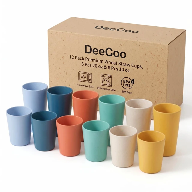 Main image of 12 Pack Premium Wheat Straw Cups, 6 Pcs 20 oz & 6 Pcs 10 oz Unbreakable Drinking Cups, Alternative to Plastic Cups Sets, Reusable Water Glasses Tumbler, Microwave & Dishwasher Safe, Bpa Free