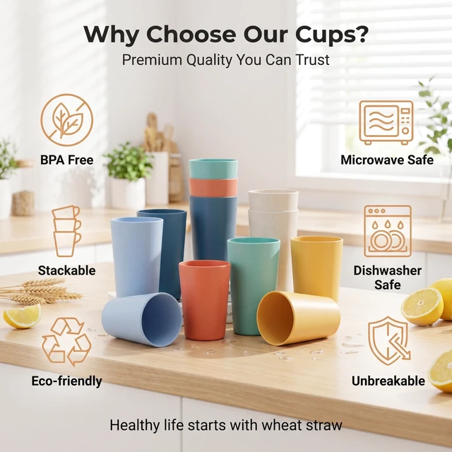 Alt view image 2 of 7 - 12 Pack Premium Wheat Straw Cups, 6 Pcs 20 oz & 6 Pcs 10 oz Unbreakable Drinking Cups, Alternative to Plastic Cups Sets, Reusable Water Glasses Tumbler, Microwave & Dishwasher Safe, Bpa Free