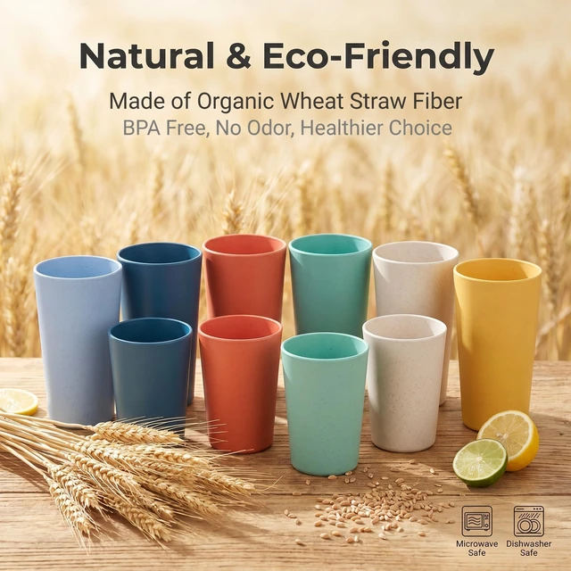 Alt view image 3 of 7 - 12 Pack Premium Wheat Straw Cups, 6 Pcs 20 oz & 6 Pcs 10 oz Unbreakable Drinking Cups, Alternative to Plastic Cups Sets, Reusable Water Glasses Tumbler, Microwave & Dishwasher Safe, Bpa Free