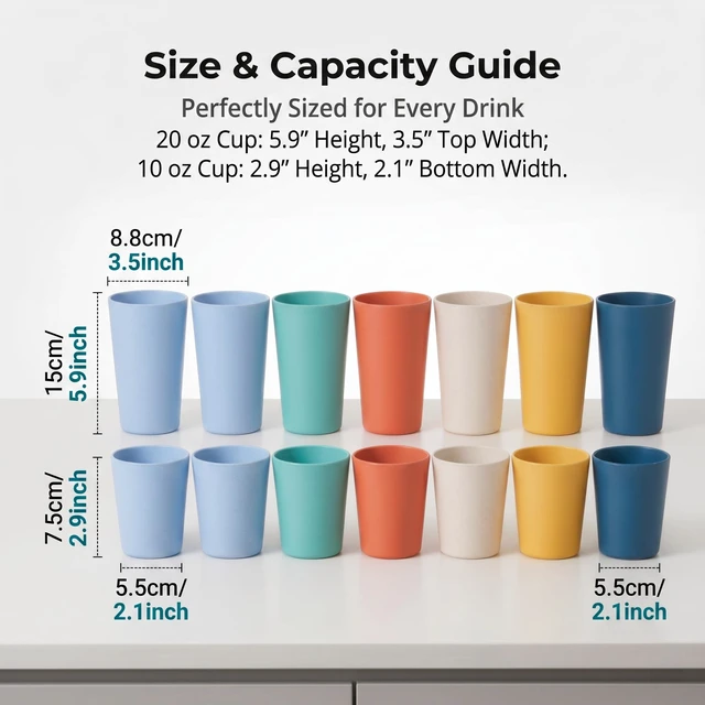 Alt view image 6 of 7 - 12 Pack Premium Wheat Straw Cups, 6 Pcs 20 oz & 6 Pcs 10 oz Unbreakable Drinking Cups, Alternative to Plastic Cups Sets, Reusable Water Glasses Tumbler, Microwave & Dishwasher Safe, Bpa Free