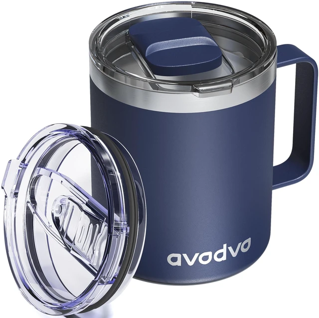 Main image of 12oz Insulated Coffee Mug with 2 Lids & Handle, Stainless Steel Cup | Keeps Drinks Hot & Cold, Double Wall Vacuum Insulated Travel Tumbler for Home, Office & Outdoor, Navy Blue