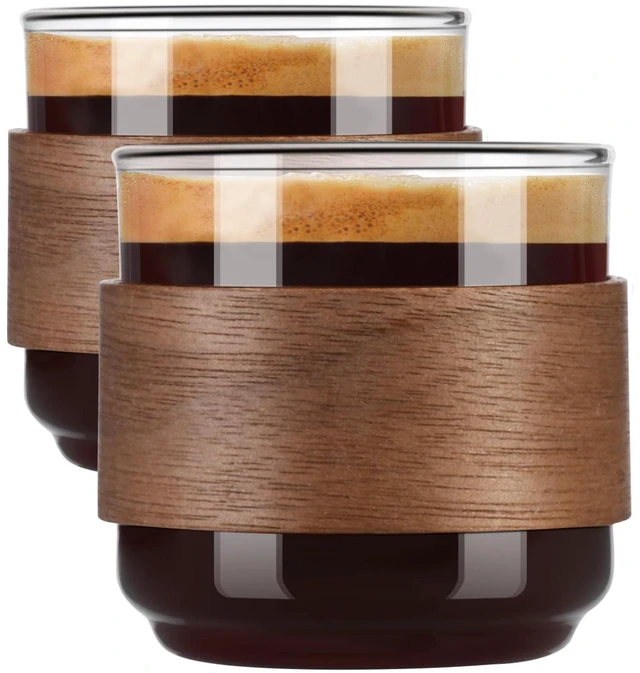 Main image of Espresso Cups, 5 oz Espresso Shot Cups with Wooden Ring, Set of 2 | Clear espresso shot glass works as a cortado cup; expresso shots cup and double espresso cups serve as espresso accessories