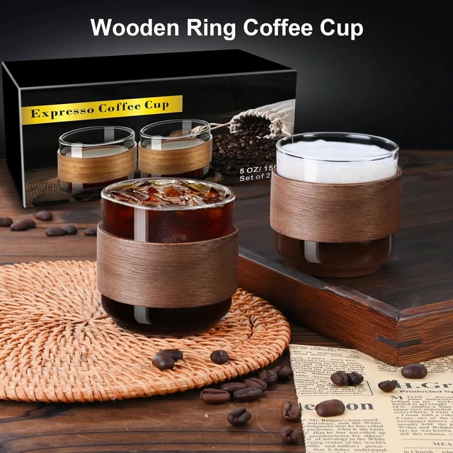 Alt view image 6 of 6 - Espresso Cups, 5 oz Espresso Shot Cups with Wooden Ring, Set of 2 | Clear espresso shot glass works as a cortado cup; expresso shots cup and double espresso cups serve as espresso accessories