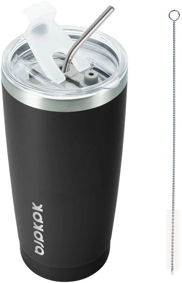 Main image of 20 oz Coffee Tumbler with Lid & Straw, Insulated Stainless Steel Mug | Double Wall Vacuum, Keeps Hot/Cold, BPA Free, Leak Proof, Iced Coffee Cup Fit Car Holder, Travel & Beach, Black