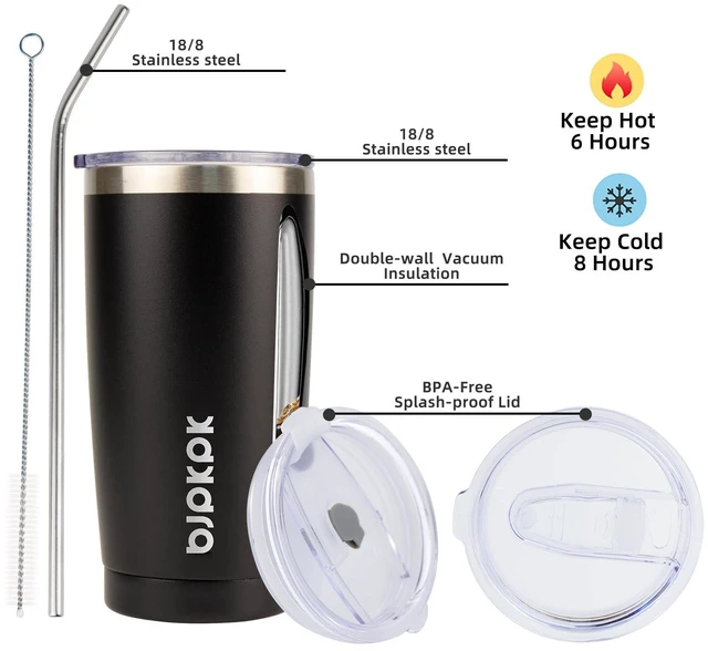 Alt view image 2 of 6 - 20 oz Coffee Tumbler with Lid & Straw, Insulated Stainless Steel Mug | Double Wall Vacuum, Keeps Hot/Cold, BPA Free, Leak Proof, Iced Coffee Cup Fit Car Holder, Travel & Beach, Black