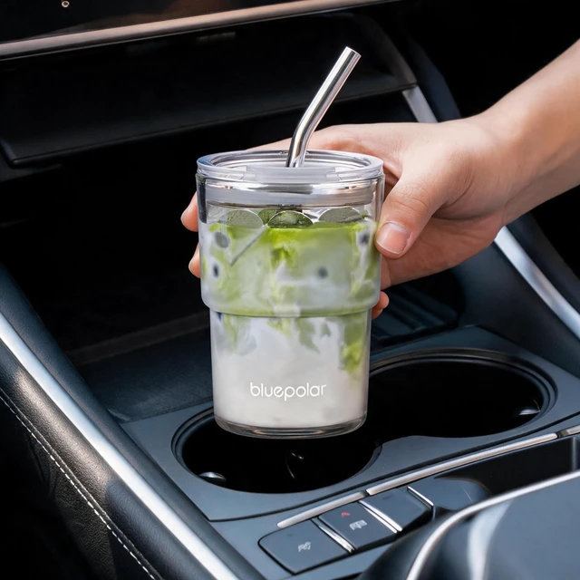 Alt view image 4 of 7 - 13oz/400ml Iced Coffee Cups with Lids and StrawSealed Carry On Thick Wall Glass Matcha Tumbler for JuiceWater, Late,Tea Fits Car Cup Holders for OfficeGym(Aurora White