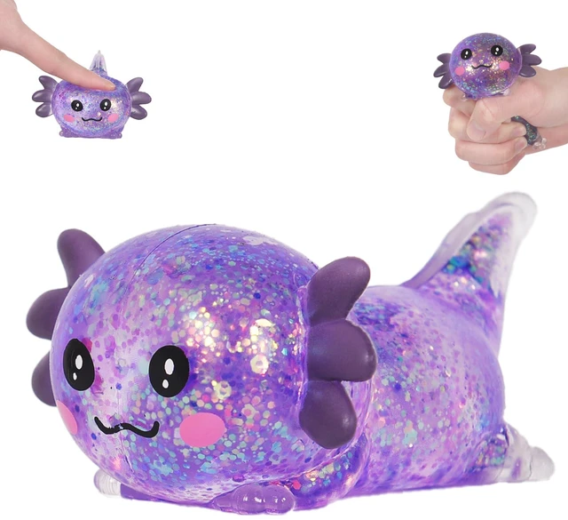 Main image of Lying Axolotl Squishy Toy, Glitter Slow Rising Squeeze Toy | Maltose filled TPR stress relief fidget toy. Cute transparent handheld desk pet sensory toys for kids age 3+ & adults.