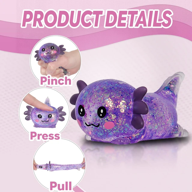 Alt view image 4 of 7 - Lying Axolotl Squishy Toy, Glitter Slow Rising Squeeze Toy | Maltose filled TPR stress relief fidget toy. Cute transparent handheld desk pet sensory toys for kids age 3+ & adults.