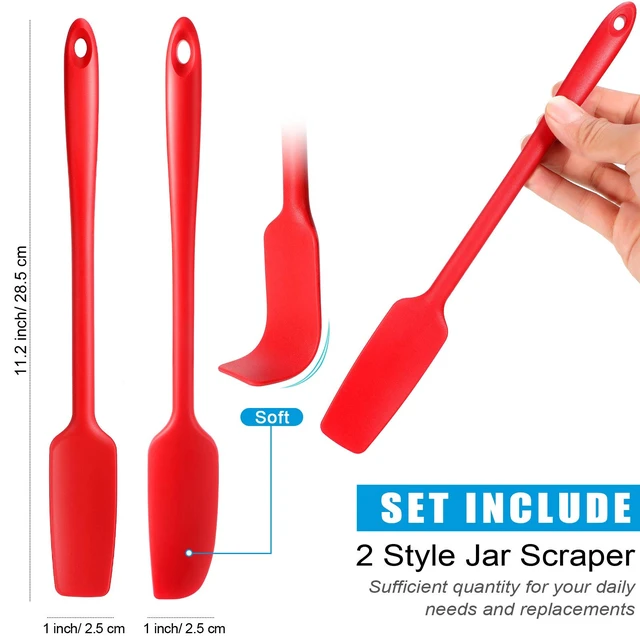 Alt view image 2 of 6 - 2 Pieces Small Silicone Scraper, Long Handle Rubber Jar Spatula | Red 11.2 Inch, Mini Silicone Jar Spatula, Heat Resistant, Seamless, Non Stick Cookware, Stainless Steel Core for Baking