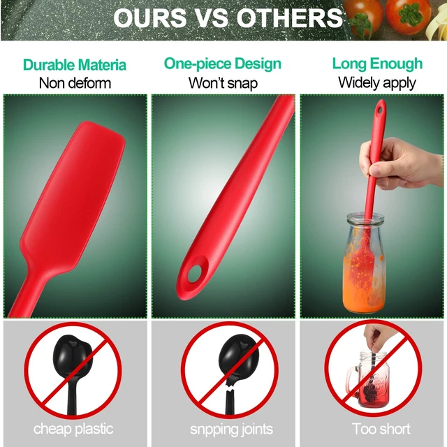Alt view image 4 of 6 - 2 Pieces Small Silicone Scraper, Long Handle Rubber Jar Spatula | Red 11.2 Inch, Mini Silicone Jar Spatula, Heat Resistant, Seamless, Non Stick Cookware, Stainless Steel Core for Baking