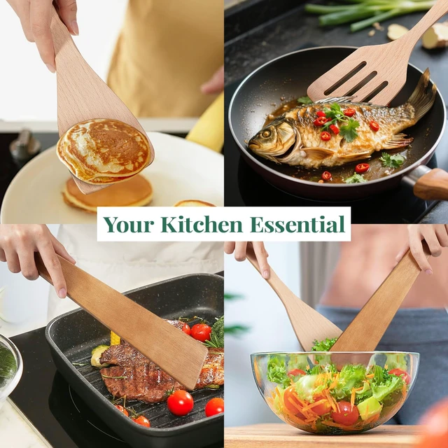 Alt view image 7 of 7 - 3Pcs Beechwood Spatulas, Long Handle, Non-Scratch for Nonstick Pans | Multi-Use Flipping & Scraping, Hangable, Cooking & Gifting