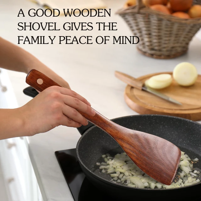 Alt view image 4 of 7 - 2PCS Wooden Spatula Set for Cooking - 12.8 Inches | Natural Wood Spatulas for Non-stick Cookware, Flat Horn-Shaped Frying Spatulas, Long Handle Wooden Cooking Utensils