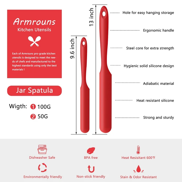 Alt view image 5 of 5 - Plus size Silicone Jar Spatula 2PCS Cake Cream Butter Spatulas 13" & 9.6" Heat Resistant Mixing Batter Scraper Non-Stick Flexible Baking Cooking Spatulas. (Red)