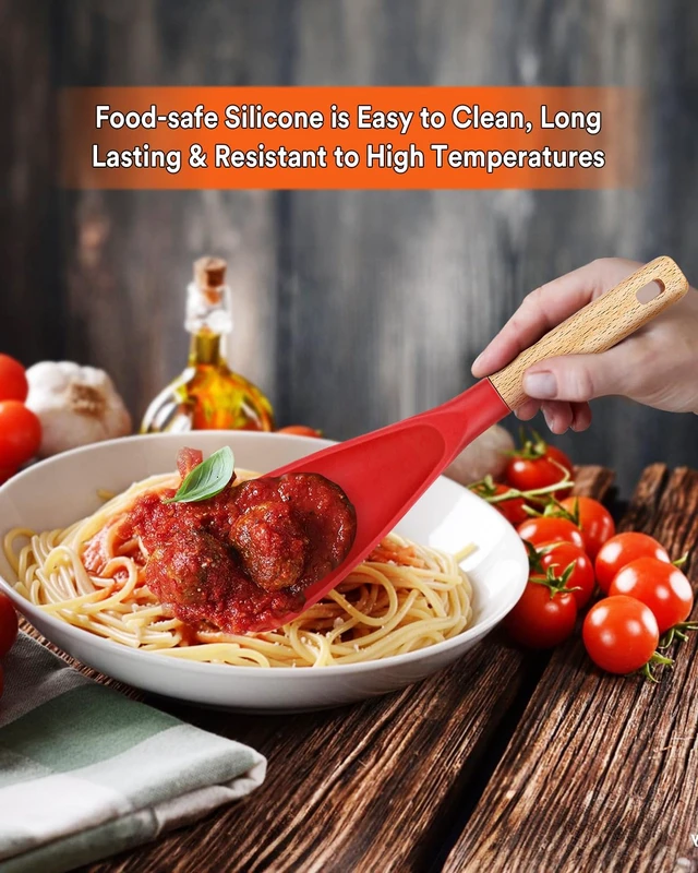 Alt view image 3 of 7 - Silicone Cooking Spoon for Nonstick Cookware, Multi-function,11.4in | Great for Cooking and Serving, Sturdy BPA-Free Matte Silicone, Wood Handle Spoon for Mixing, Scoop, and Scrape,Red