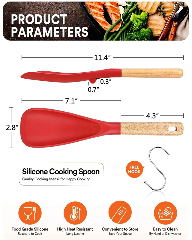 Alt view image 2 of 7 - Silicone Cooking Spoon for Nonstick Cookware, Multi-function,11.4in | Great for Cooking and Serving, Sturdy BPA-Free Matte Silicone, Wood Handle Spoon for Mixing, Scoop, and Scrape,Red