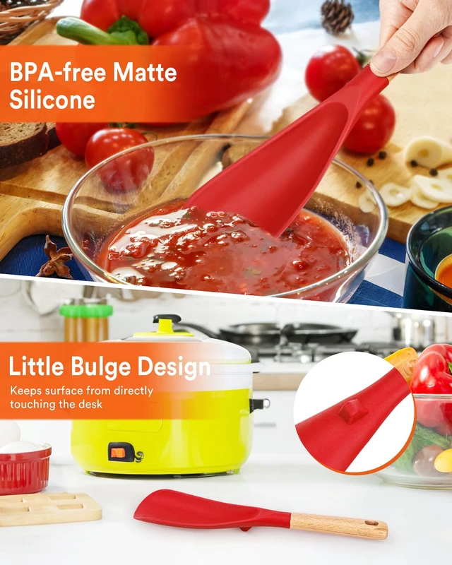 Alt view image 5 of 7 - Silicone Cooking Spoon for Nonstick Cookware, Multi-function,11.4in | Great for Cooking and Serving, Sturdy BPA-Free Matte Silicone, Wood Handle Spoon for Mixing, Scoop, and Scrape,Red