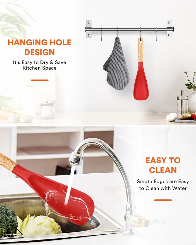 Alt view image 7 of 7 - Silicone Cooking Spoon for Nonstick Cookware, Multi-function,11.4in | Great for Cooking and Serving, Sturdy BPA-Free Matte Silicone, Wood Handle Spoon for Mixing, Scoop, and Scrape,Red