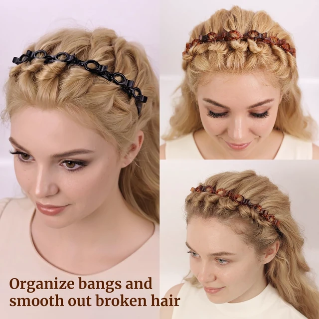 Alt view image 3 of 7 - 2 Pack Clip Headband for Twisty Bangs, 90s Hair Accessories for Women with 8 Mini Clips, Braided Hair Clip Headbands for Y2K Fashion Styling, Black and Brown