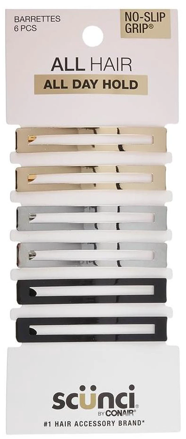 Main image of Scunci by Conair No-Slip Grip Stay Tight Barrettes - hair barrettes for women - hair accessories for women - hair clips - Gold, Black and Silver - 6