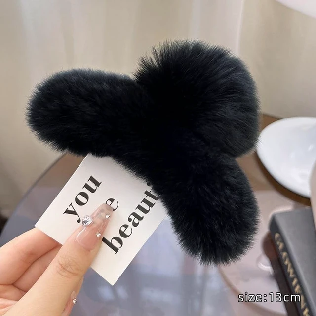Alt view image 2 of 4 - Large Faux Fur Hair Claw Clip for Women, 5.1 Inches Winter Fluffy Fuzzy Hair Clips, Nonslip Strong Hold Furry Big Jaw Clamp for Thick Long Hair (Black)