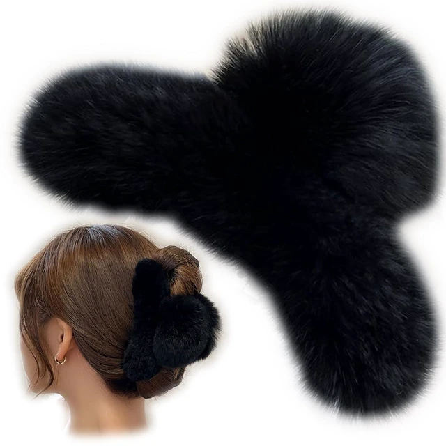 Main image of Large Faux Fur Hair Claw Clip for Women, 5.1 Inches Winter Fluffy Fuzzy Hair Clips, Nonslip Strong Hold Furry Big Jaw Clamp for Thick Long Hair (Black)