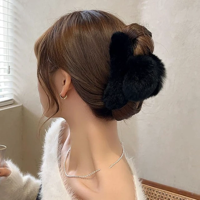Alt view image 3 of 4 - Large Faux Fur Hair Claw Clip for Women, 5.1 Inches Winter Fluffy Fuzzy Hair Clips, Nonslip Strong Hold Furry Big Jaw Clamp for Thick Long Hair (Black)