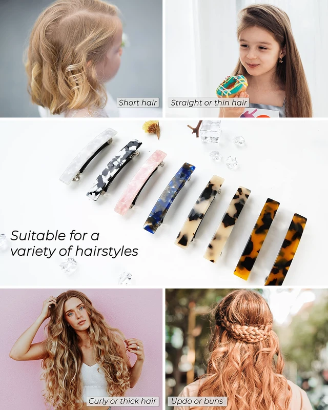 Alt view image 6 of 7 - Hair Barrettes, 8 Pcs 3 Inch Acetate Small Clips | French tortoise shell design, no-slip grip for fine, thin, or thick hair. Accessory for women and girls.