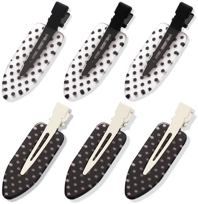 Main image of 6 Pack Creaseless Hair Clips for Women - No Bend No Crease Hair Clips for Styling, Makeup, Washing Face, Bangs | Classic Polka Dot Flat No Dent Alligator Clips for Salon & Home (Black & White)