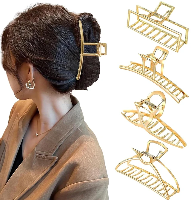 Main image of 4 Pack Large Gold Metal Hair Claw Clips for Women Girls Thick Hair | French Design Metal Banana Jaw Clamp Barrettes, Strong Non-Slip Grip Secure All Hair Types, Hair Accessories for Gift