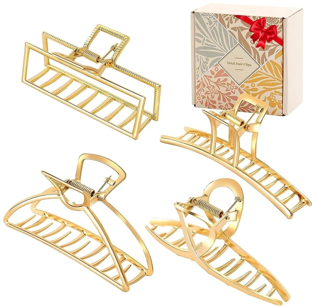 Alt view image 2 of 7 - 4 Pack Large Gold Metal Hair Claw Clips for Women Girls Thick Hair | French Design Metal Banana Jaw Clamp Barrettes, Strong Non-Slip Grip Secure All Hair Types, Hair Accessories for Gift