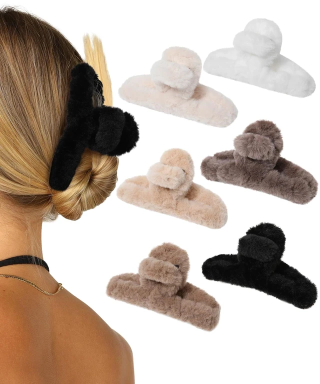Main image of Plush Clip - Hair Clip, 6 Pcs Rectangular Cute Hair Clips for Women, Large Hair Barrettes for Thick Hair, Non Slip Hair Jaw Clips for Girls, Camel/Coffee/Beige/Khaki/White/Black