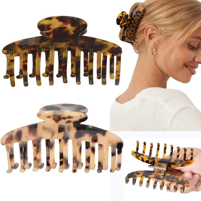 Main image of Big Claw Hair Clips 3.8 Inch Tortoise Banana for Women Girls Thin Hair French Design Celluloid Leopard Print Strong Hold for Thick Hair, 2 Color Available (2 Packs)