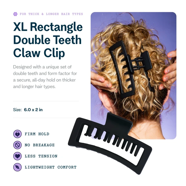 Alt view image 2 of 7 - Beauty XL Rectangle Hair Claw Clip Duo, Black | Creaseless Double Claw Clip Accessories, Firm-Hold for Daily Non-Slip Wear, Large and Trendy Hair Essential