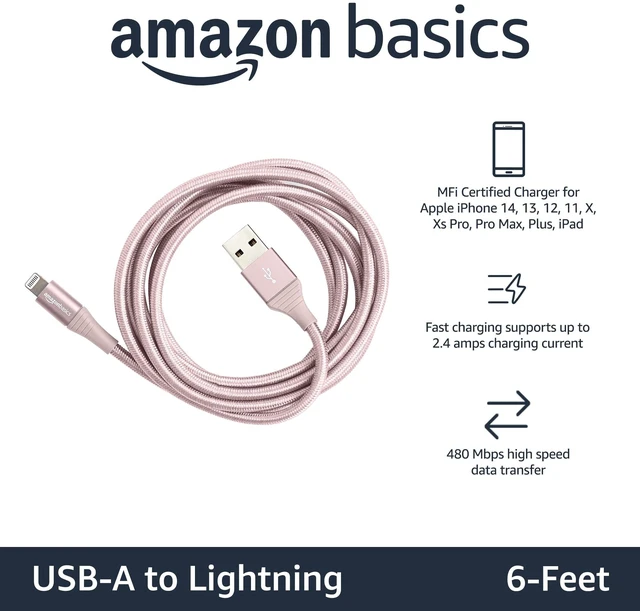 Alt view image 2 of 5 - USB-A to Lightning Charger Cable, Nylon Braided Cord, MFi Certified for Apple iPhone 14 13 12 11 X Xs Pro, Pro Max, Plus, iPad, 10,000 Bend Lifespan, High Speed Transfer, 6ft, Rose Gold