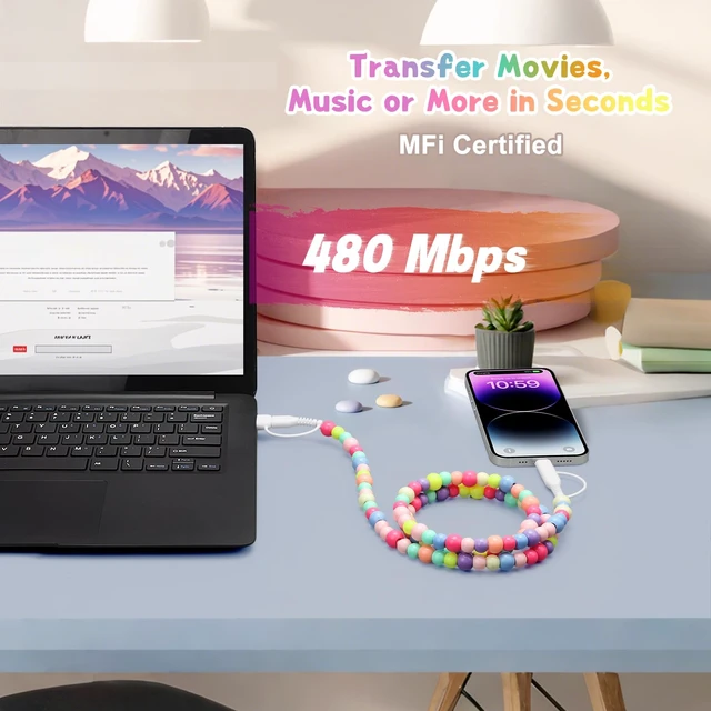 Alt view image 2 of 7 - USB C Cable 4 in 1 Beaded for iPhone USB Charger Cord 3.3FT Colored | Multi Fast Charging Cable 66W Chubby USB A Type C IOS Cable Compatible with iPhone 18 17 16 Pro Max/iPad/Galaxy S26 S25 S24