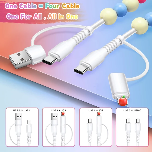 Alt view image 3 of 7 - USB C Cable 4 in 1 Beaded for iPhone USB Charger Cord 3.3FT Colored | Multi Fast Charging Cable 66W Chubby USB A Type C IOS Cable Compatible with iPhone 18 17 16 Pro Max/iPad/Galaxy S26 S25 S24