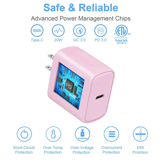 Alt view image 4 of 7 - 14 13 12 Fast Charger 20W PD USB C Wall Charger with 6FT Fast Charging Cable for iPhone 14/14 Pro/14 Pro Max/14 Plus/13/12/11/Pro/Pro Max/Mini/Xs Max/X, iPad - Pink