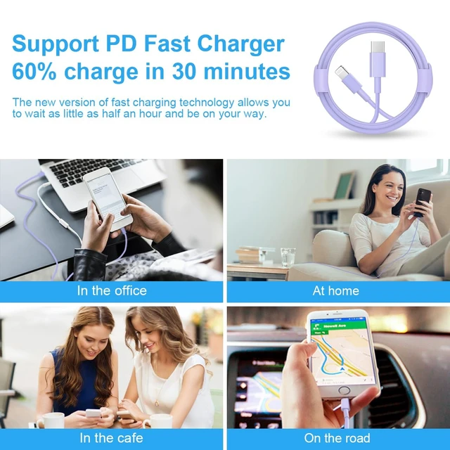 Alt view image 6 of 7 - iPhone 14 13 12 Fast Charger 20W PD USB C Wall Charger with 6FT Fast Charging Cable for iPhone 14/14 Pro/14 Pro Max/14 Plus/13/12/11/Pro/Pro Max/Mini/Xs Max/X, iPad - Purple