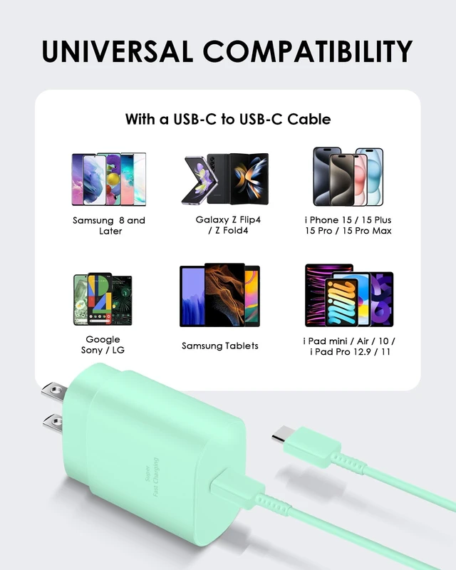 Alt view image 5 of 7 - USB C Charger 25W Type C Charger Fast Charging Android Charger Block | for Galaxy S26 Ultra/S26/S26+/S25 Ultra/S25/24 Ultra/S24/S23 Ultra/S22 Ultra with 6 FT Long Phone Charger USB C Cord-Green