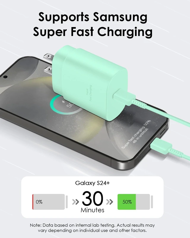 Alt view image 4 of 7 - USB C Charger 25W Type C Charger Fast Charging Android Charger Block | for Galaxy S26 Ultra/S26/S26+/S25 Ultra/S25/24 Ultra/S24/S23 Ultra/S22 Ultra with 6 FT Long Phone Charger USB C Cord-Green