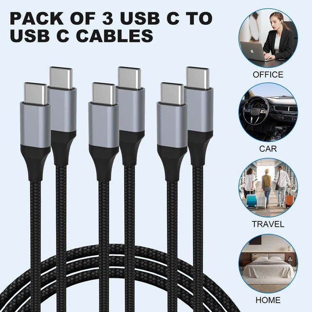Alt view image 2 of 6 - USB C to USB C Cable 60W 3-Pack 3ft/6ft/6ft, Type C Nylon Braided Charging Cord for 17 16 15 Plus, Pro Max,iPad, MacBook, Galaxy S25 S24 23, Switch, and More