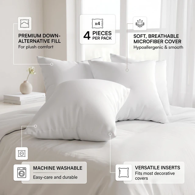 Alt view image 5 of 7 - HMD Calais Decorative Square Pillow Inserts (Set of 4) Soft Inserts for Sofa, Couch & Bedroom Decor