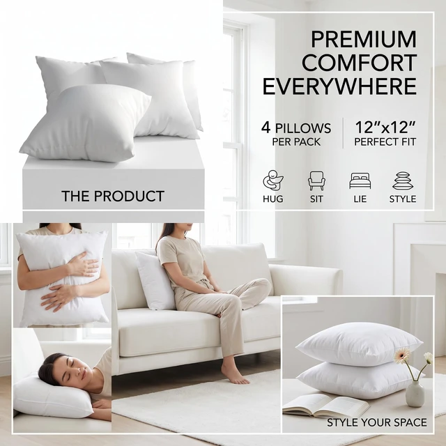 Main image of HMD Calais Decorative Square Pillow Inserts (Set of 4) Soft Inserts for Sofa, Couch & Bedroom Decor