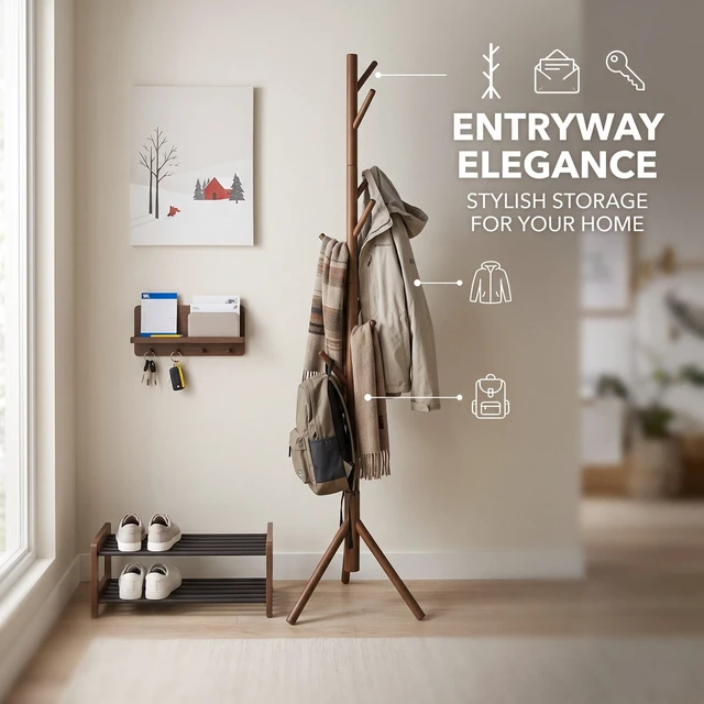 Main image of HMD Houma Freestanding 8-Hook Solid Wood Coat Rack for Entryway, Bedroom & Home Organization, Easy Assembly